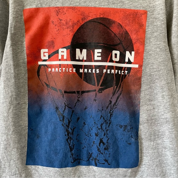 Boys Printed Long Sleeve T-Shirt - Basketball ‘Game On’ - Grey, Blue, & Orange - Picture 2 of 4